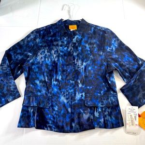 Ruby Rd jacket, open front, blue and black print 3/4 length sleeve blouse blazer